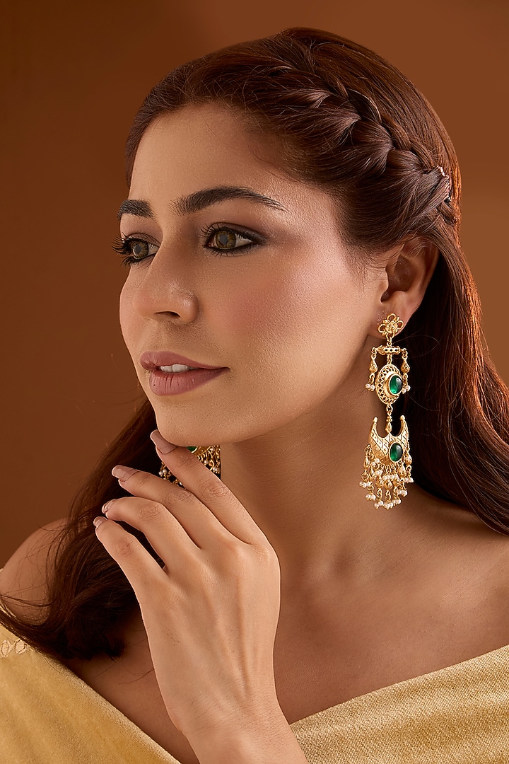 Gold Finish Emerald Stone Dangler Earrings by Bauble Bazaar at Pernia's Pop Up Shop