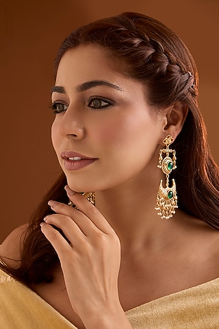 Gold Finish Emerald Stone Dangler Earrings by Bauble Bazaar