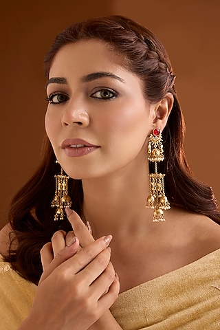 Gold Finish Ruby Stone Dangler Earrings by Bauble Bazaar