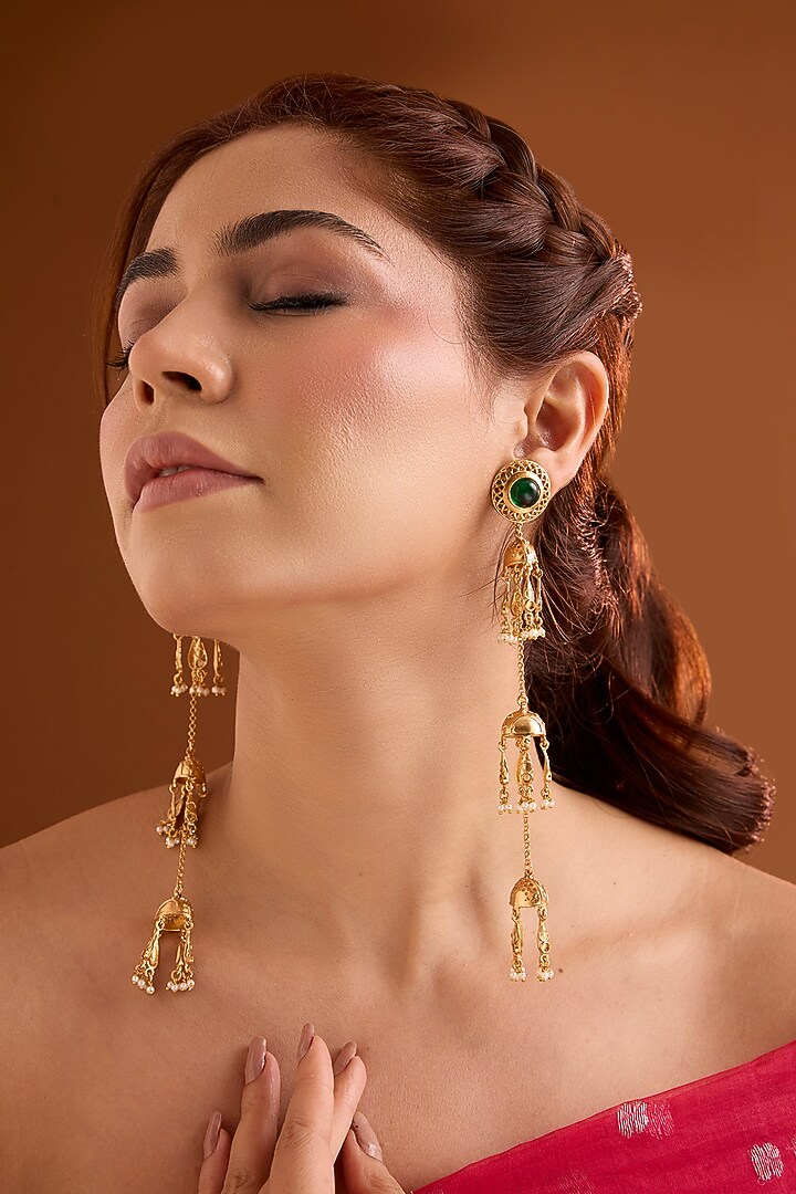 Gold Finish Emerald Stone Dangler Earrings by Bauble Bazaar at Pernia's Pop Up Shop