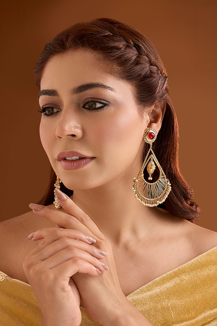 Gold Finish Ruby Stone Dangler Earrings by Bauble Bazaar at Pernia's Pop Up Shop