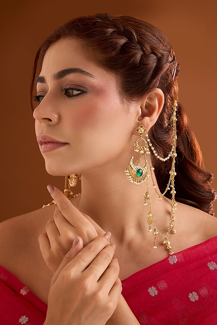 Gold Finish Emerald Stone Dangler Earrings by Bauble Bazaar at Pernia's Pop Up Shop