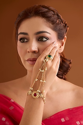 Gold Finish Emerald Stone Hathphool by Bauble Bazaar