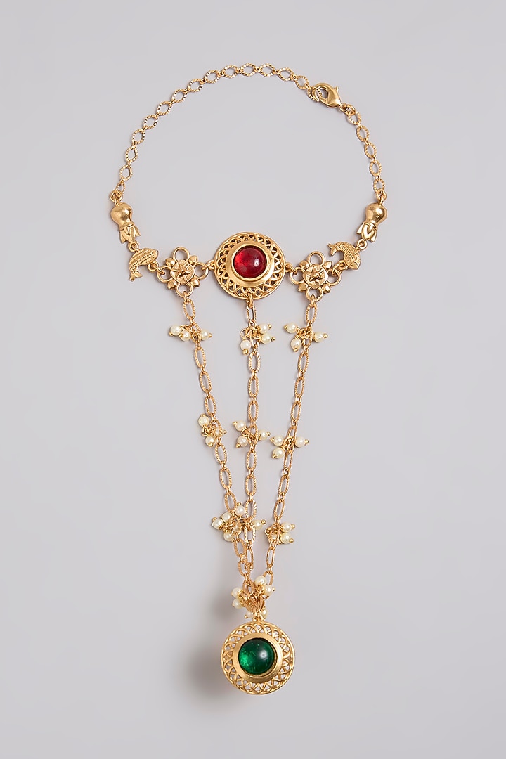 Gold Finish Emerald Stone Hathphool by Bauble Bazaar at Pernia's Pop Up Shop