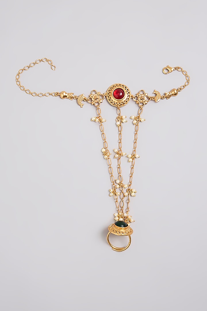 Gold Finish Emerald Stone Hathphool by Bauble Bazaar at Pernia's Pop Up Shop