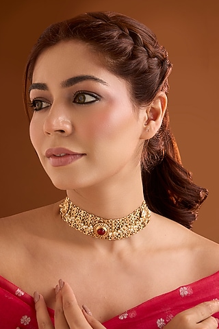 Gold Finish Ruby Stone Choker Necklace by Bauble Bazaar