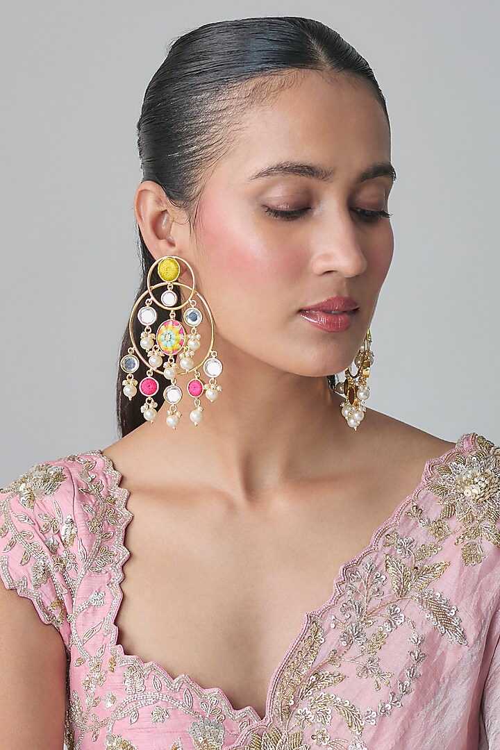 Multi-Colored Mirror & Pearl Chandbali Earrings by Bauble Bazaar at Pernia's Pop Up Shop