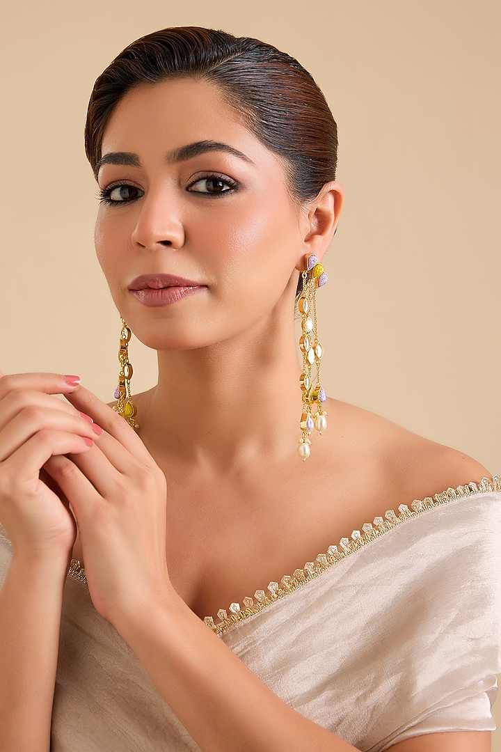 Multi-Colored Pearl & Thread Work Dangler Earrings by Bauble Bazaar at Pernia's Pop Up Shop