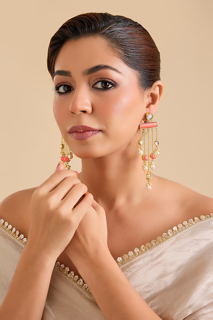 Multi-Colored Pearl & Thread Work Dangler Earrings by Bauble Bazaar at Pernia's Pop Up Shop