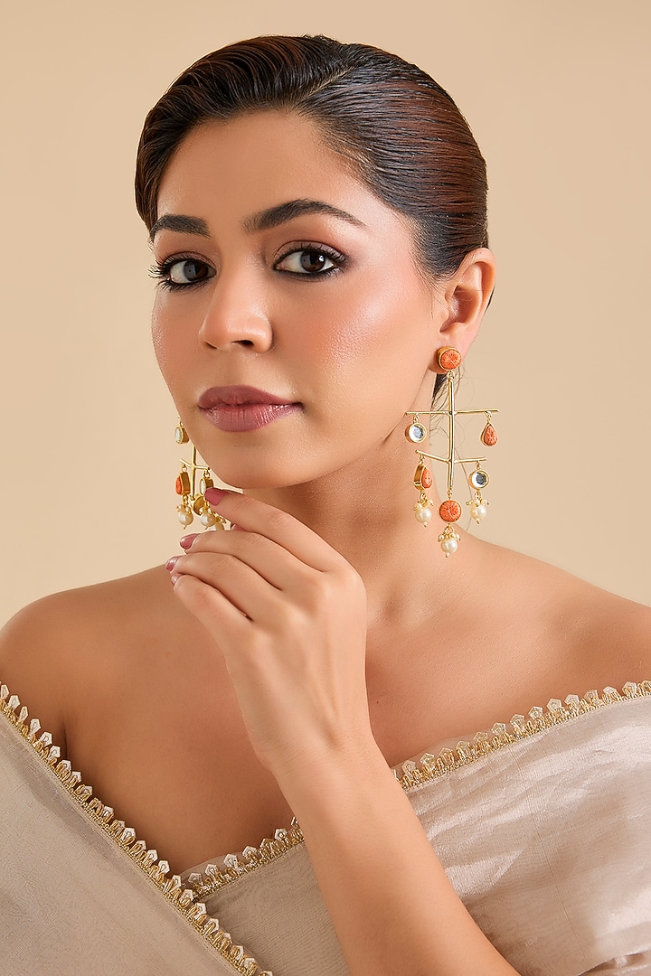 Multi-Colored Pearl & Thread Work Dangler Earrings by Bauble Bazaar at Pernia's Pop Up Shop