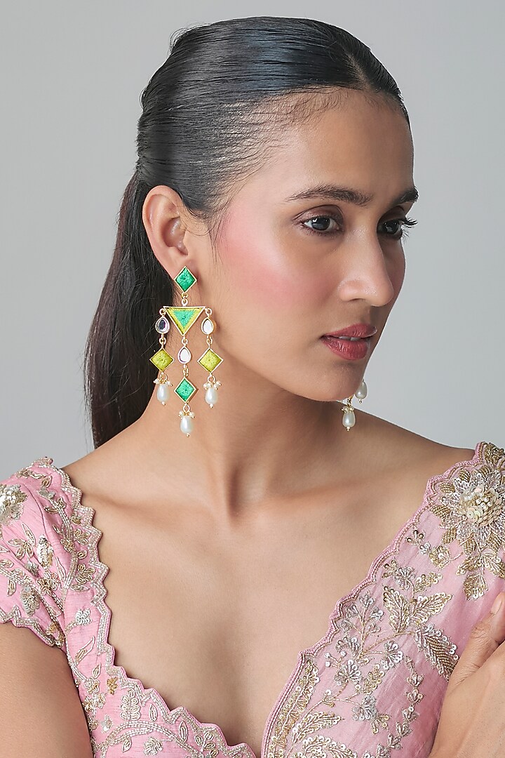 Multi-Colored Mirror & Pearl Dangler Earrings by Bauble Bazaar at Pernia's Pop Up Shop