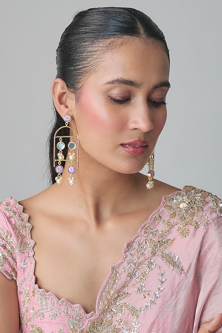 Multi-Colored Mirror & Pearl Dangler Earrings by Bauble Bazaar at Pernia's Pop Up Shop