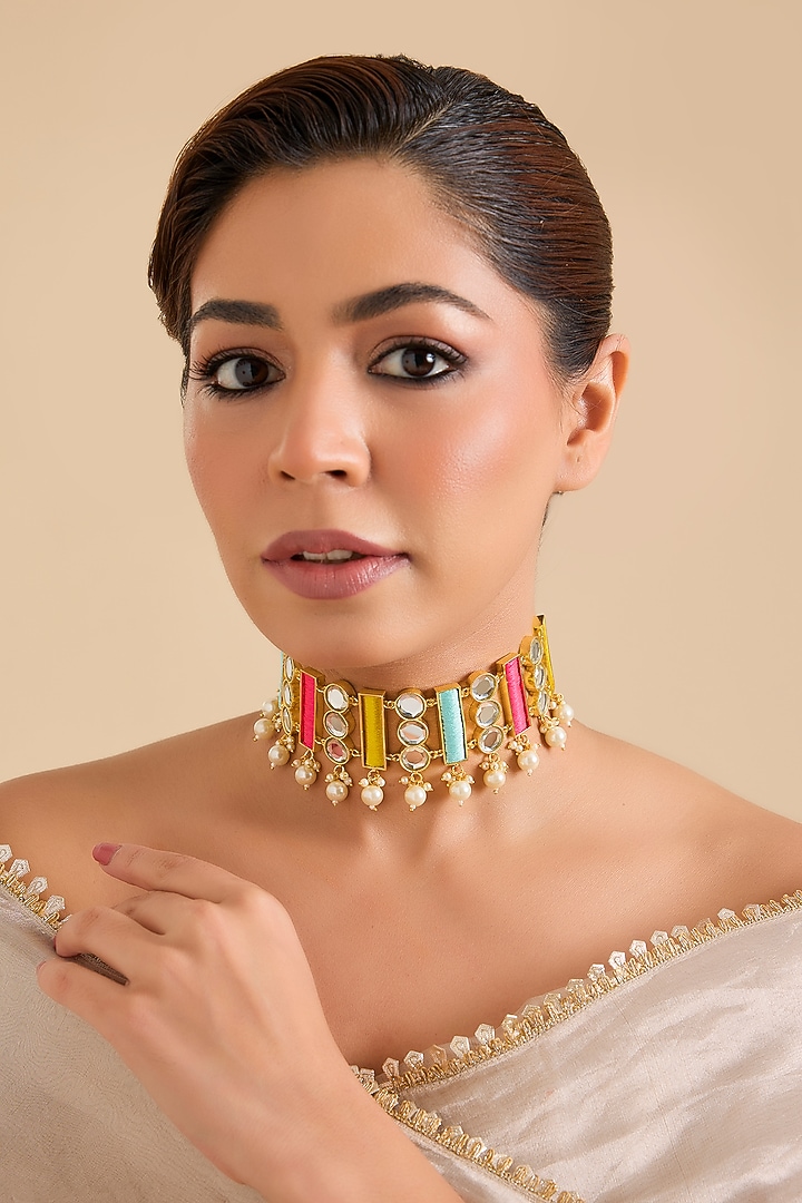 Multi-Colored Pearl & Thread Work Choker Necklace by Bauble Bazaar at Pernia's Pop Up Shop