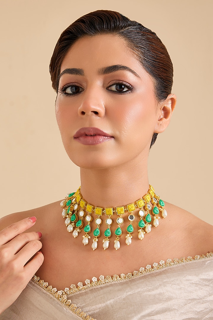 Multi-Colored Pearl & Mirror Thread Work Necklace by Bauble Bazaar at Pernia's Pop Up Shop