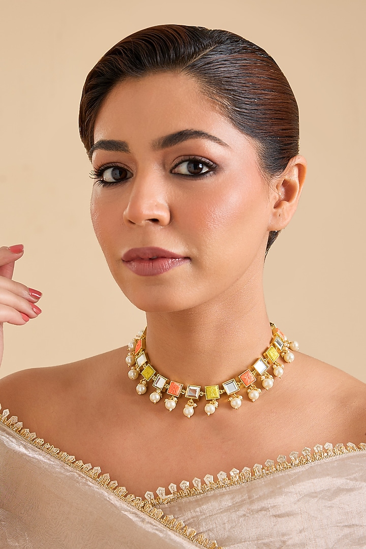 Multi-Colored Pearl & Mirror Thread Work Necklace by Bauble Bazaar at Pernia's Pop Up Shop