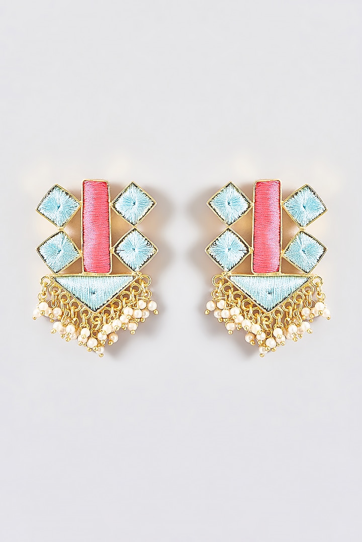 Gold Finish Silk Thread Embroidered Stud Earrings by Bauble Bazaar at Pernia's Pop Up Shop
