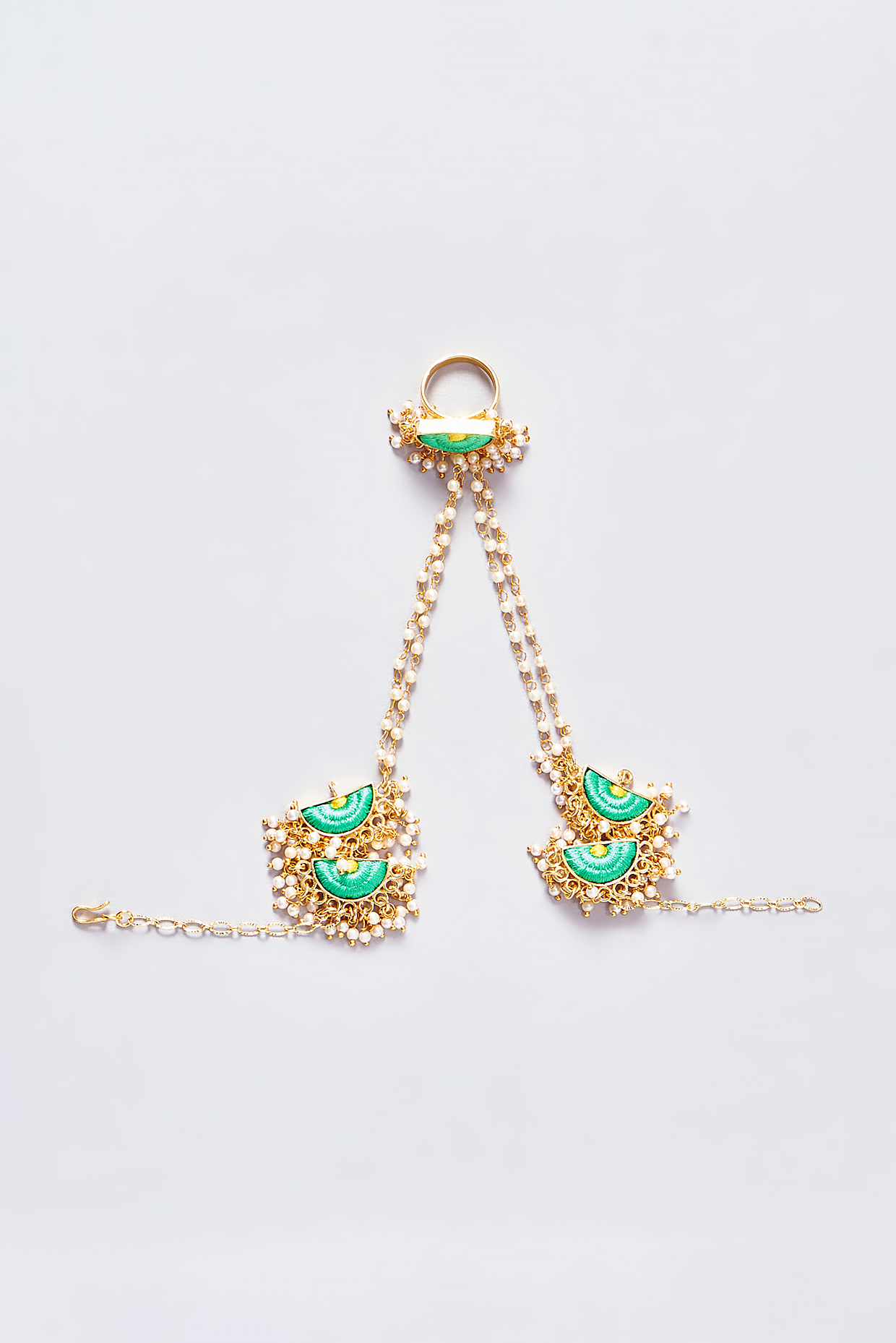 Gold Finish Silk Thread Embroidered Hand Harness by Bauble Bazaar at Pernia's Pop Up Shop