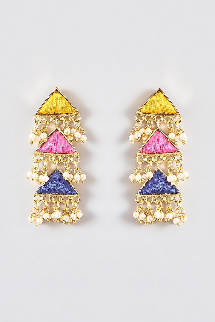 Gold Finish Silk Thread Embroidered Dangler Earrings by Bauble Bazaar at Pernia's Pop Up Shop