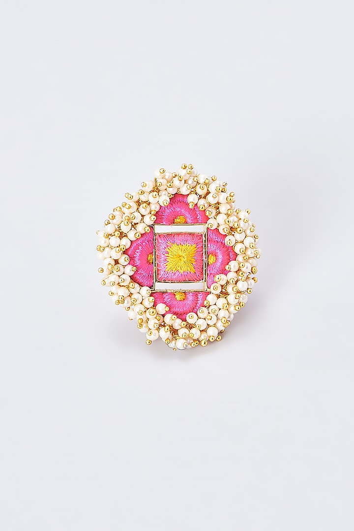 Gold Finish Embroidered Ring With Pearl Beads by Bauble Bazaar at Pernia's Pop Up Shop
