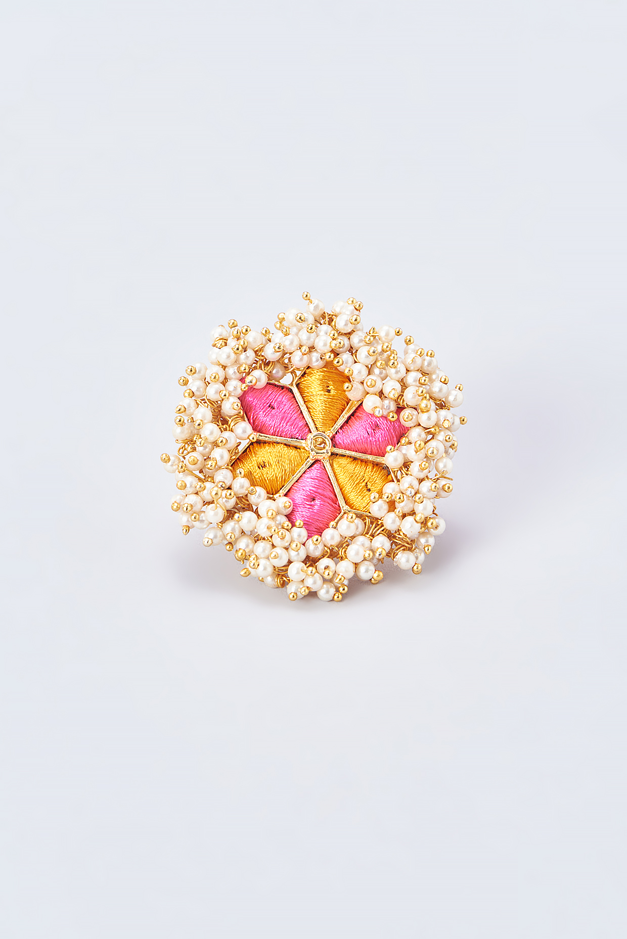 Gold Finish Embroidered Ring With Pearl Beads by Bauble Bazaar at Pernia's Pop Up Shop
