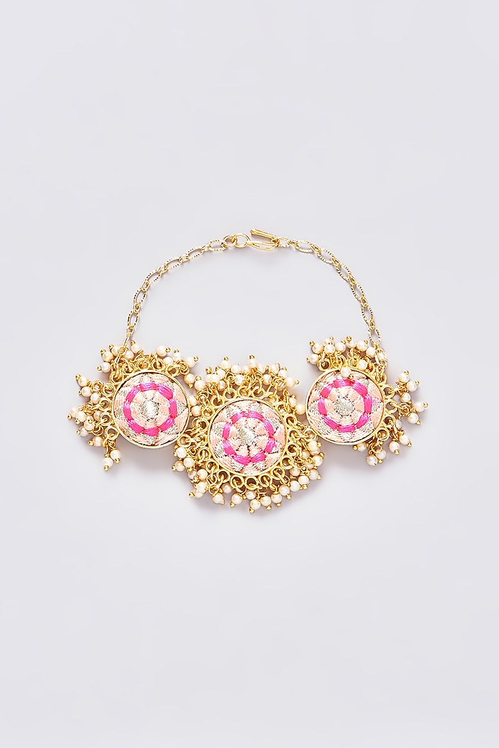 Gold Plated Silk Thread Embroidred & Pearl Bracelet by Bauble Bazaar at Pernia's Pop Up Shop