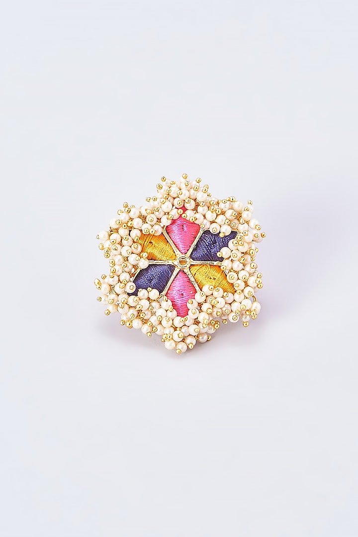 Gold Finish Embroidered Ring With Pearl Beads by Bauble Bazaar at Pernia's Pop Up Shop