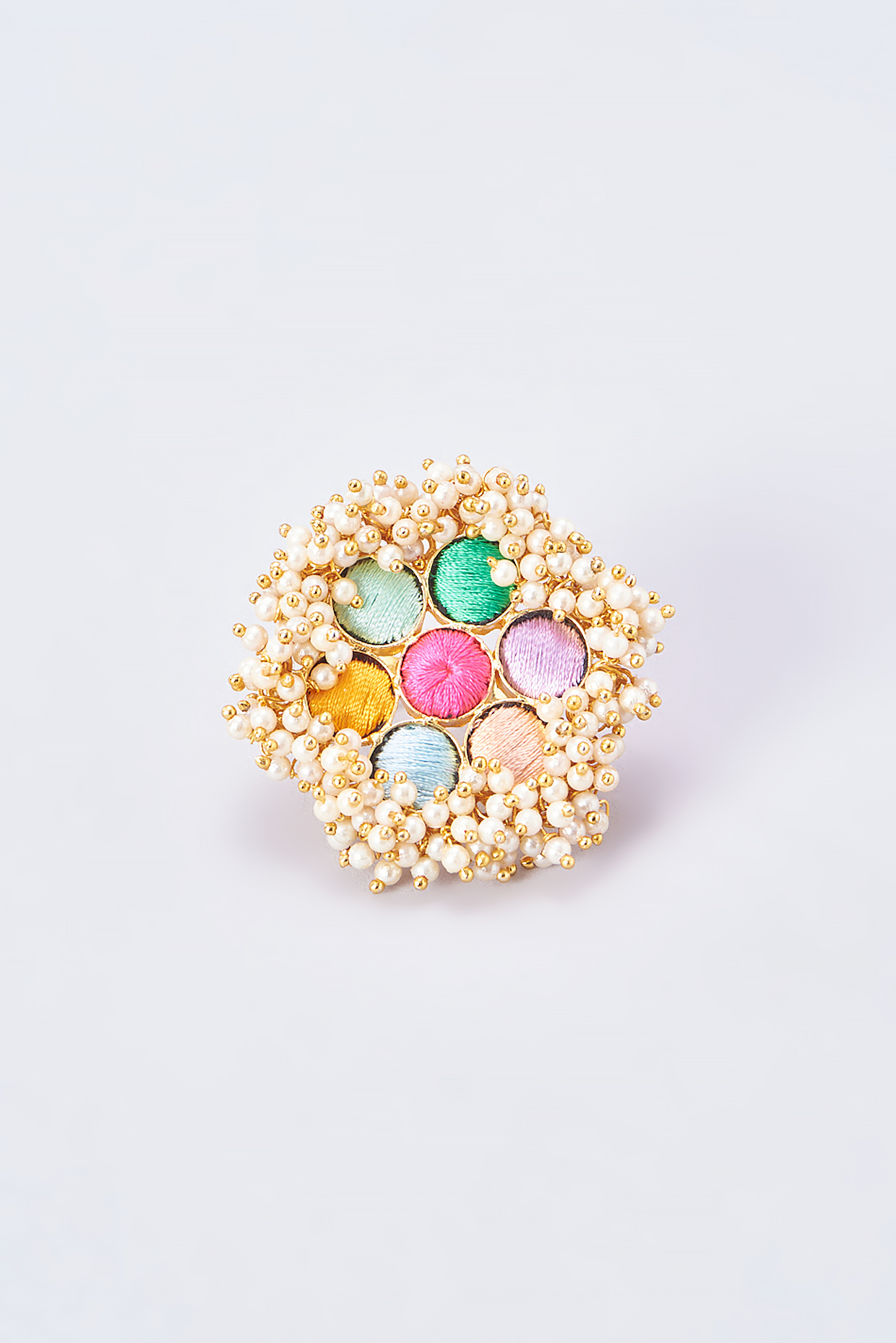 Gold Finish Embroidered Ring With Pearl Beads by Bauble Bazaar at Pernia's Pop Up Shop