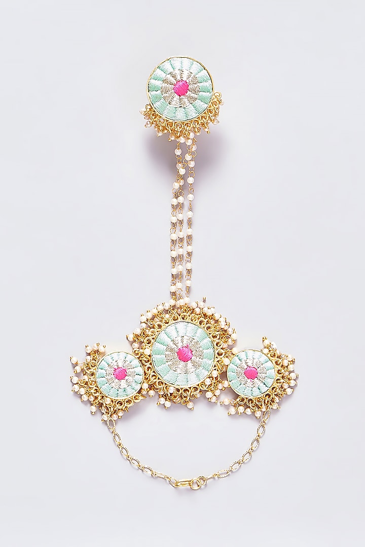 Gold Finish Silk Thread Embroidered Hand Harness by Bauble Bazaar at Pernia's Pop Up Shop