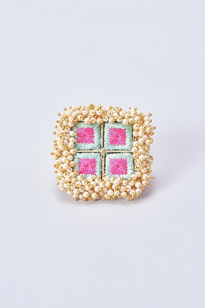 Gold Finish Embroidered Ring With Pearl Beads by Bauble Bazaar at Pernia's Pop Up Shop