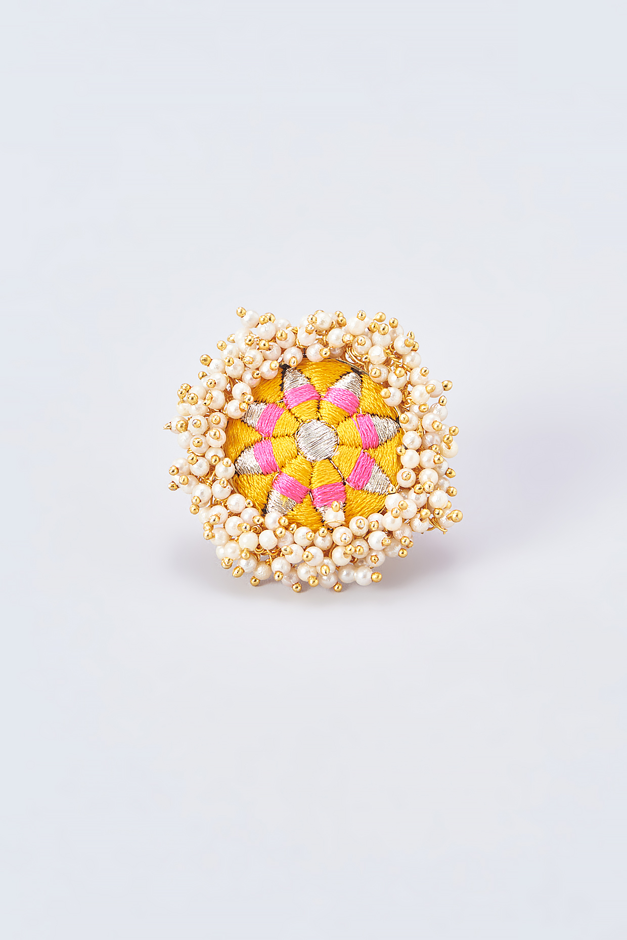 Gold Finish Embroidered Ring With Pearl Beads by Bauble Bazaar at Pernia's Pop Up Shop