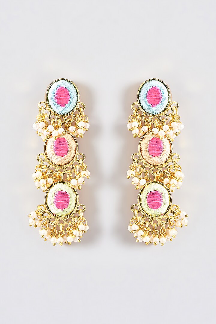 Gold Finish Silk Thread Embroidered Dangler Earrings by Bauble Bazaar at Pernia's Pop Up Shop