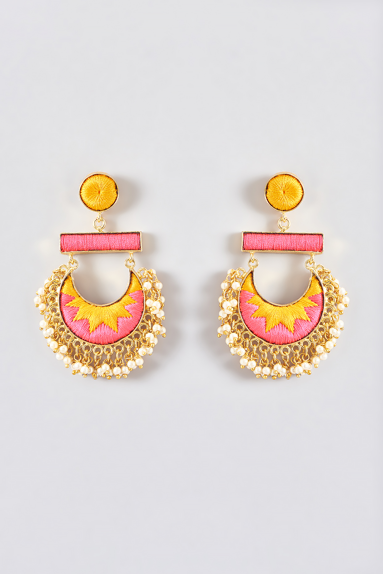 Gold Finish Silk Thread Embroidered Chandbali Earrings by Bauble Bazaar at Pernia's Pop Up Shop
