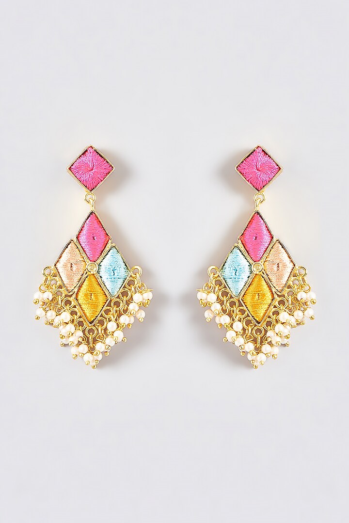 Gold Finish Silk Thread Embroidered Dangler Earrings by Bauble Bazaar at Pernia's Pop Up Shop