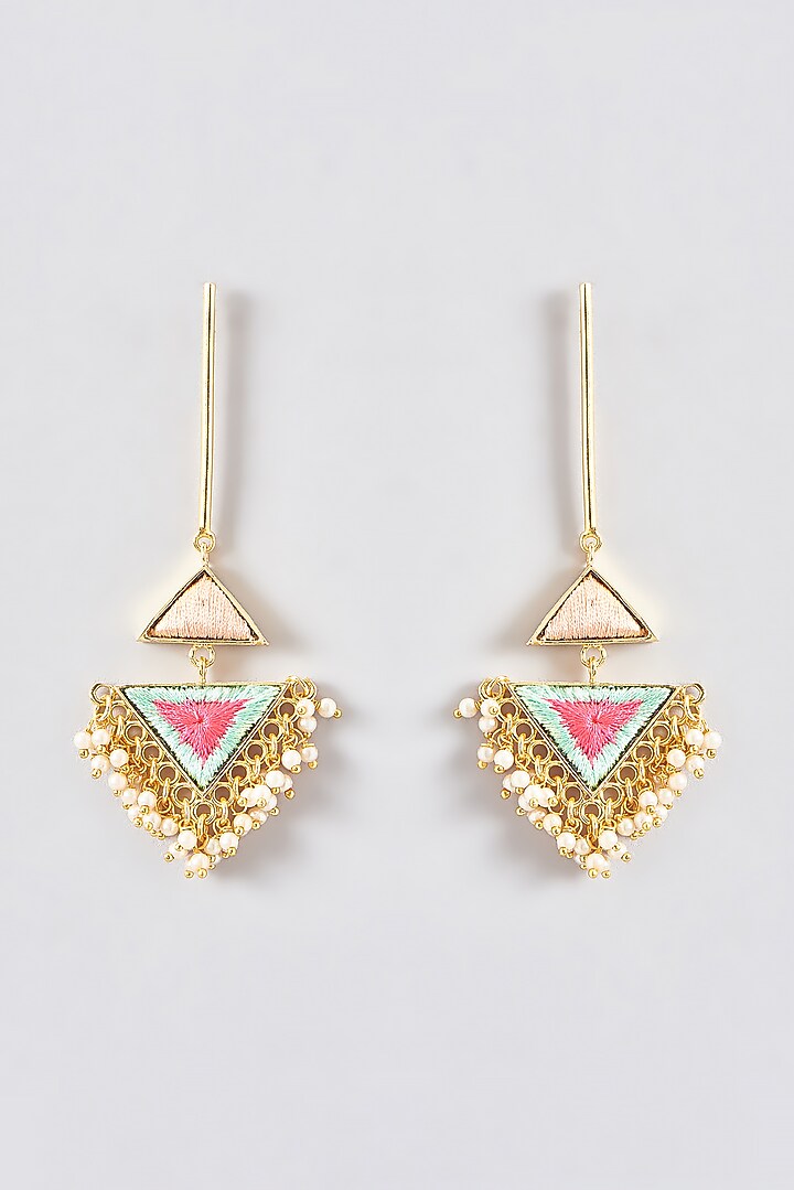 Gold Finish Silk Thread Embroidered Dangler Earrings by Bauble Bazaar at Pernia's Pop Up Shop