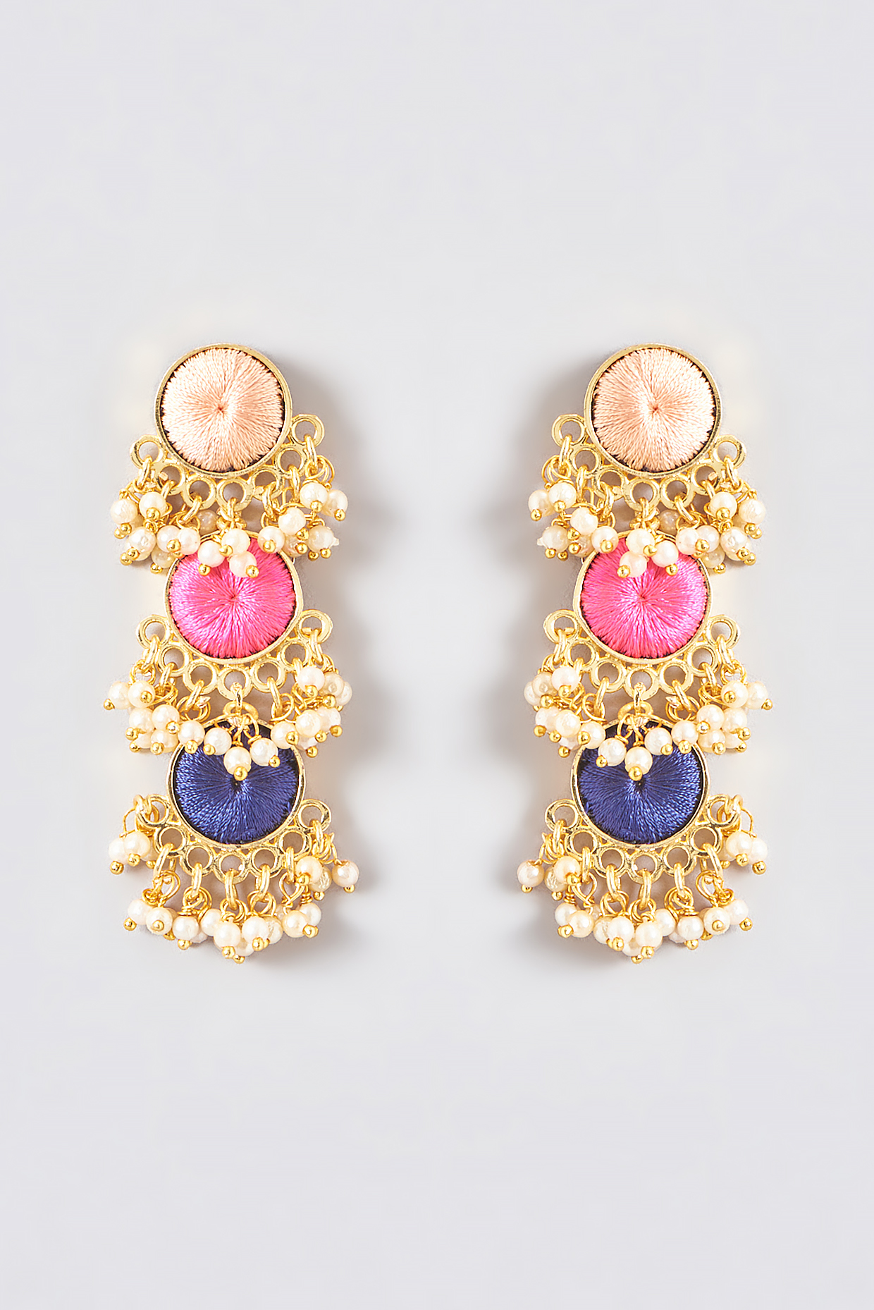 Gold Finish Silk Thread Embroidered Dangler Earrings by Bauble Bazaar at Pernia's Pop Up Shop