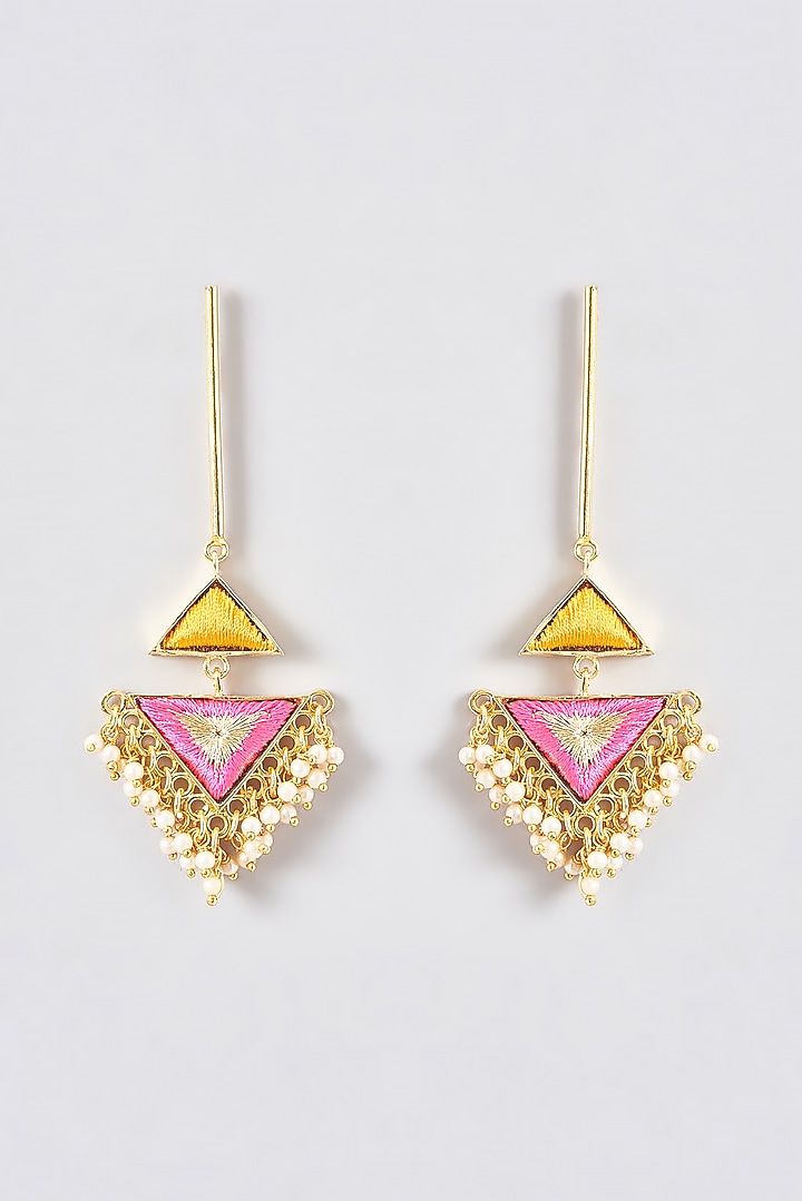 Gold Finish Silk Thread Embroidered Dangler Earrings by Bauble Bazaar at Pernia's Pop Up Shop
