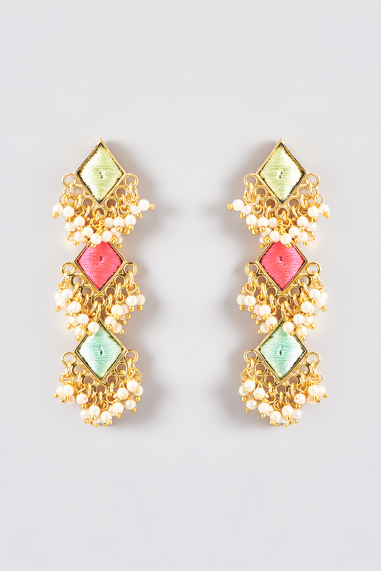 Gold Finish Silk Thread Embroidered Dangler Earrings by Bauble Bazaar at Pernia's Pop Up Shop