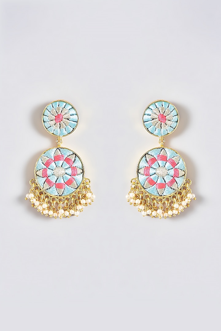 Gold Finish Silk Thread Embroidered Dangler Earrings by Bauble Bazaar at Pernia's Pop Up Shop