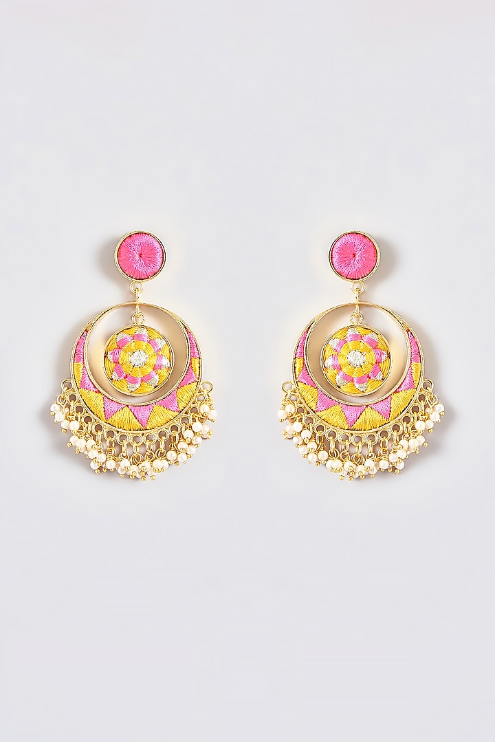 Gold Finish Silk Thread Embroidered Chandbali Earrings by Bauble Bazaar at Pernia's Pop Up Shop