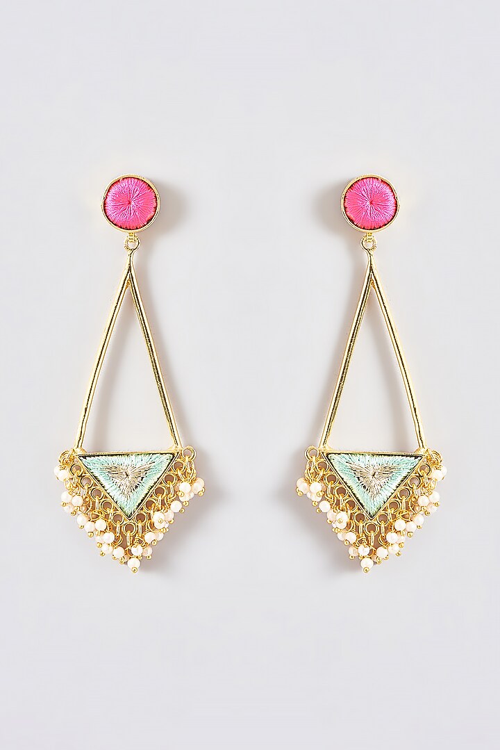 Gold Finish Silk Thread Embroidered Dangler Earrings by Bauble Bazaar at Pernia's Pop Up Shop