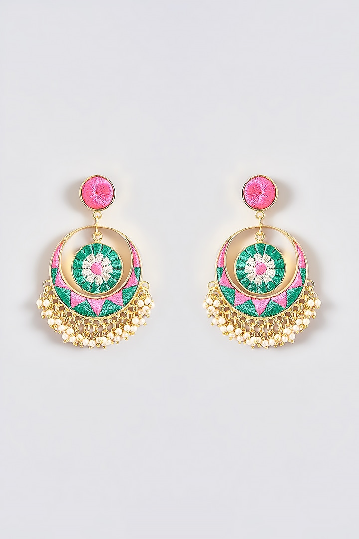 Gold Finish Silk Thread Embroidered Chandbali Earrings by Bauble