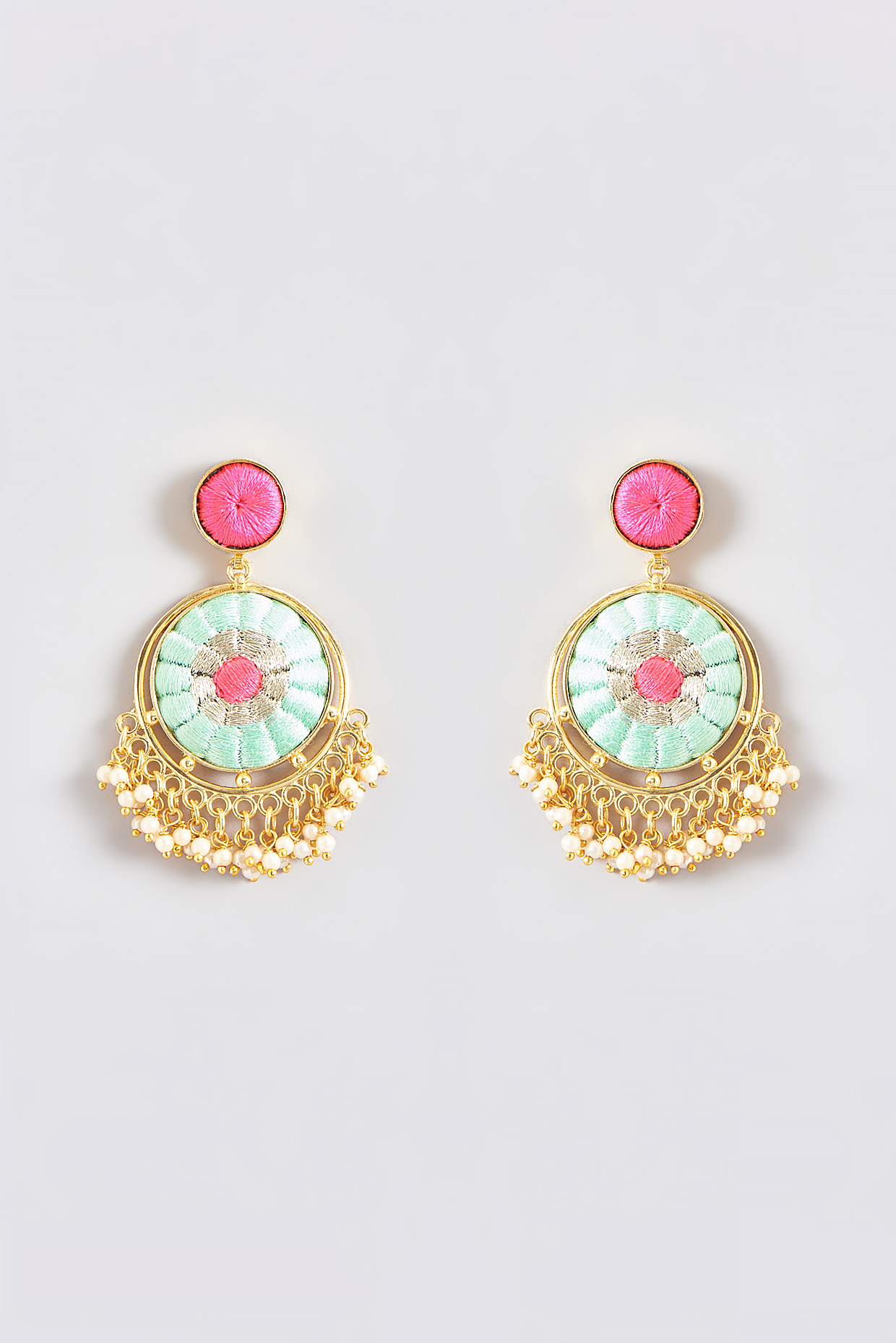Gold Finish Silk Thread Embroidered Dangler Earrings by Bauble Bazaar at Pernia's Pop Up Shop