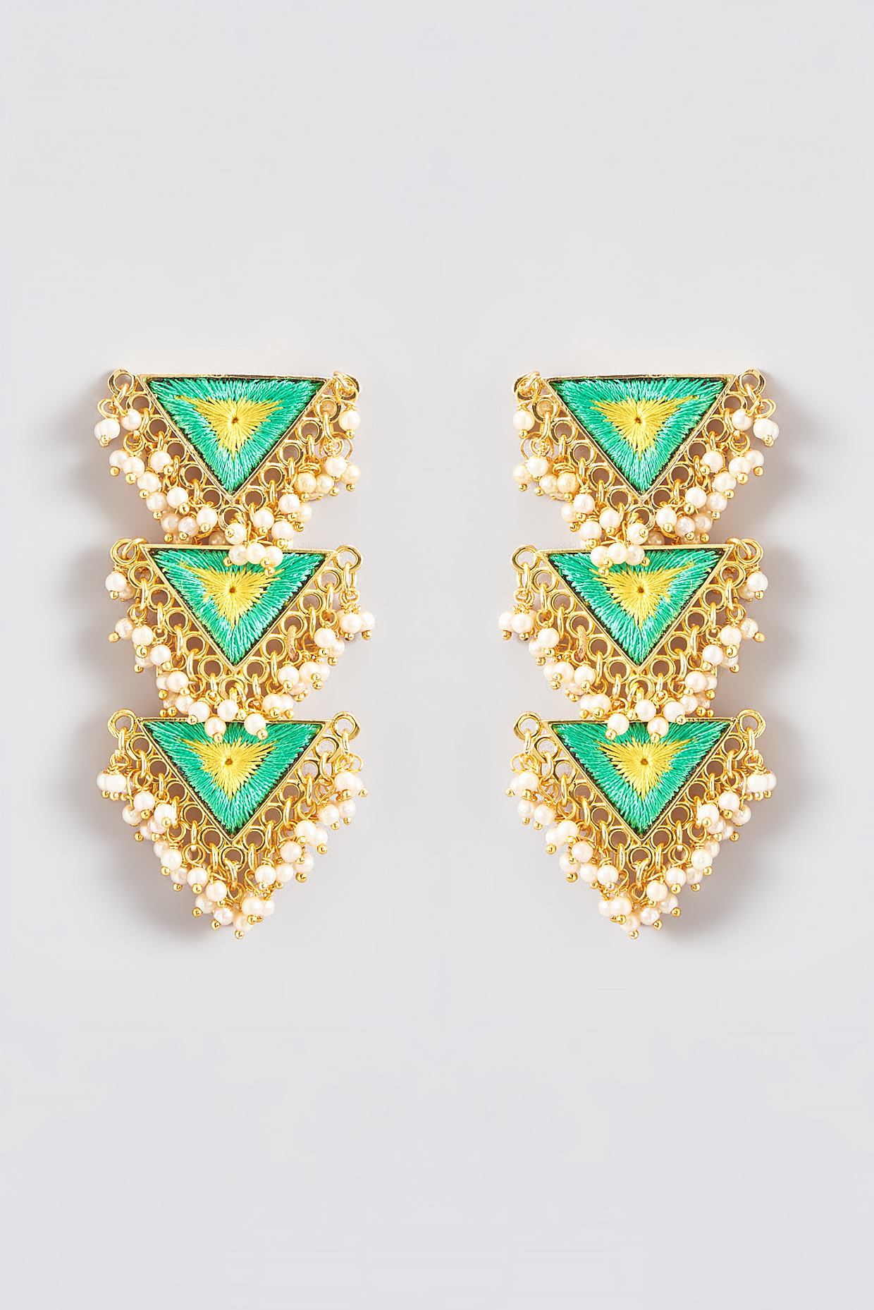 Gold Finish Silk Thread Embroidered Triangle Dangler Earrings by Bauble Bazaar at Pernia's Pop Up Shop