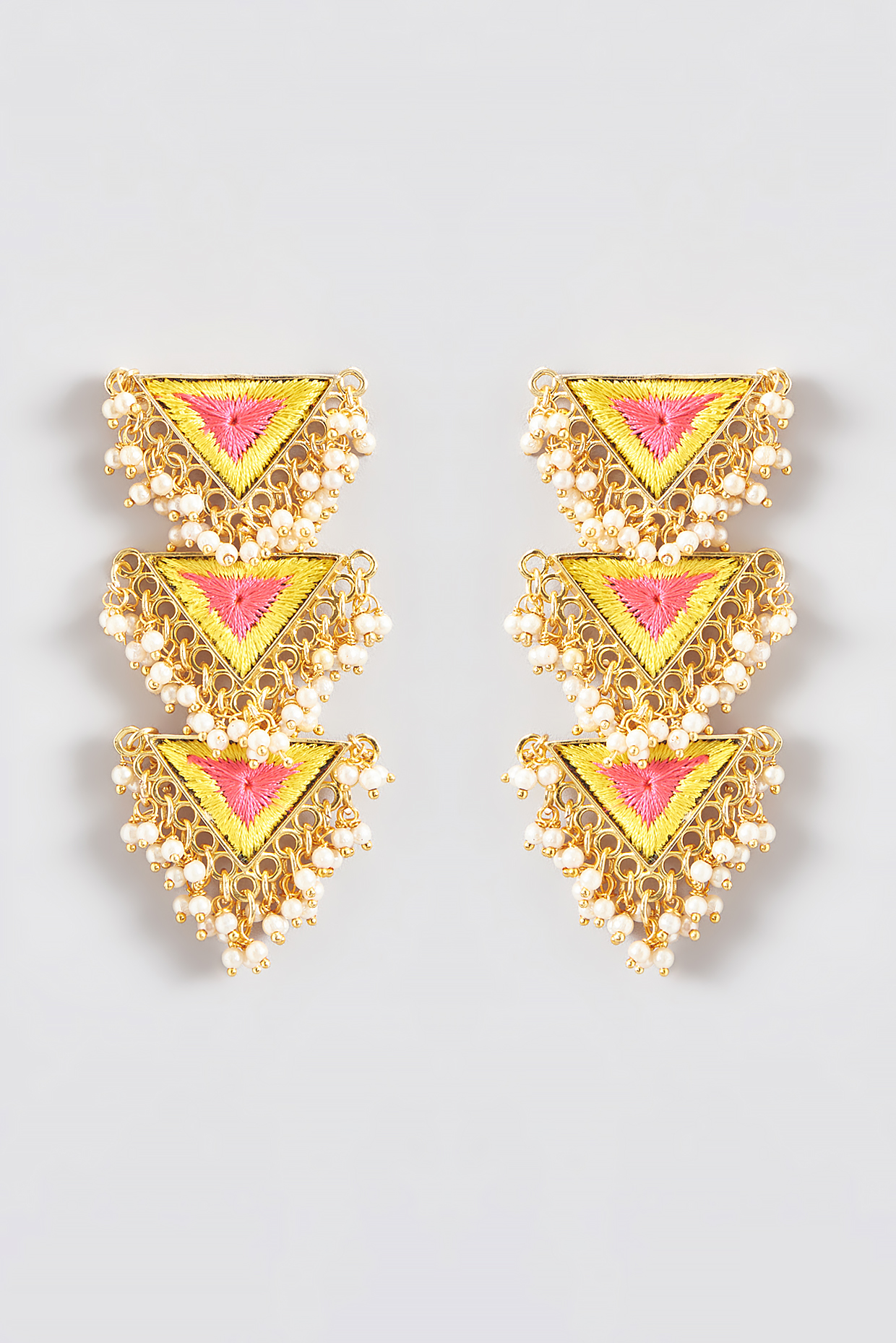Gold Finish Silk Thread Embroidered Triangle Dangler Earrings by Bauble Bazaar at Pernia's Pop Up Shop