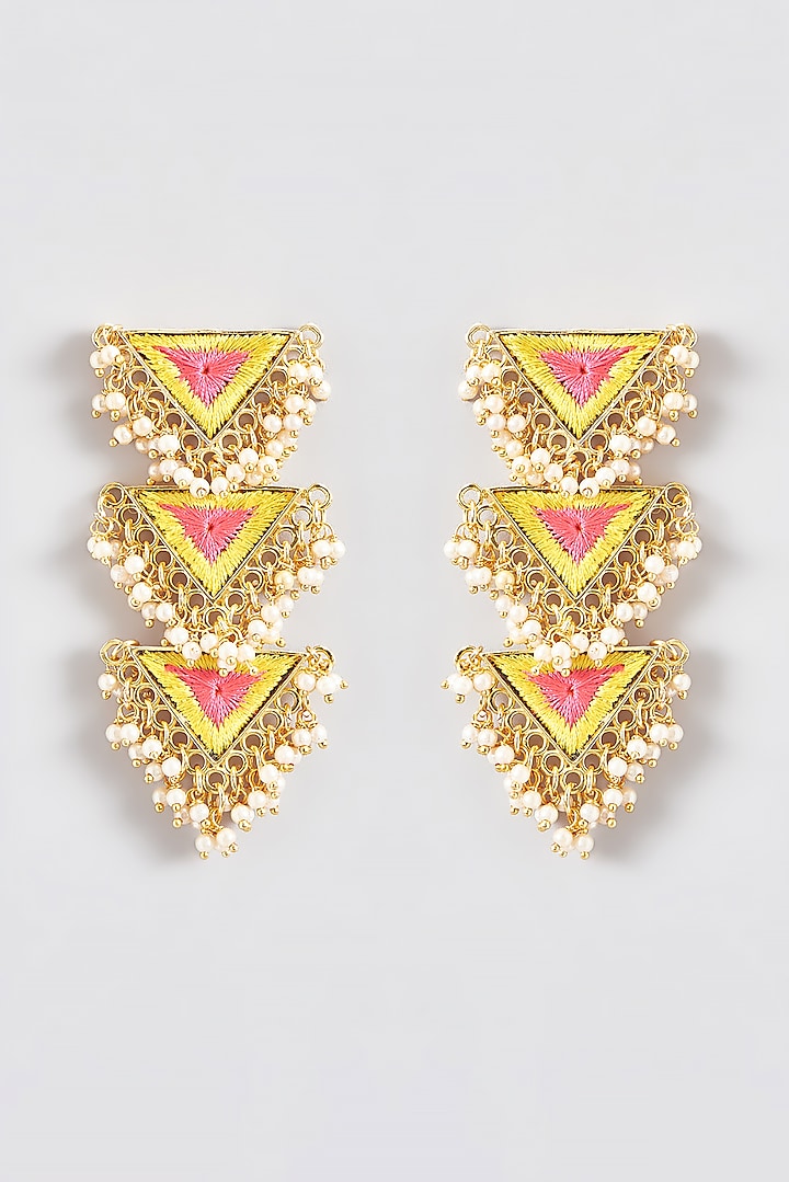 Gold Finish Silk Thread Embroidered Triangle Dangler Earrings by Bauble Bazaar at Pernia's Pop Up Shop