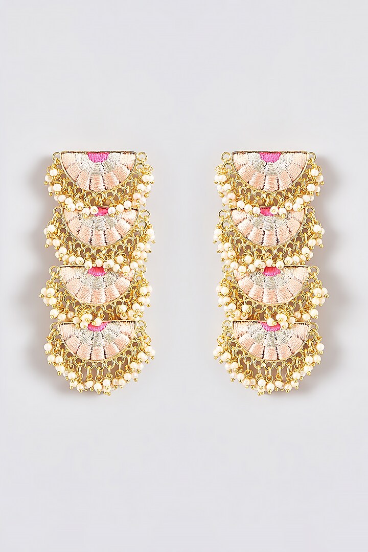 Gold Finish Silk Thread Embroidered Semi-Circle Dangler Earrings by Bauble Bazaar at Pernia's Pop Up Shop