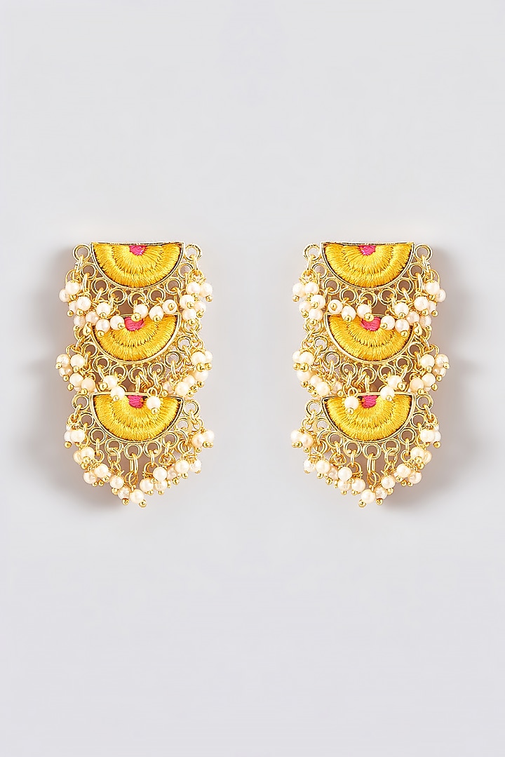 Gold Finish Silk Thread Embroidered Tiered Semi-Circle Dangler Earrings by Bauble Bazaar at Pernia's Pop Up Shop