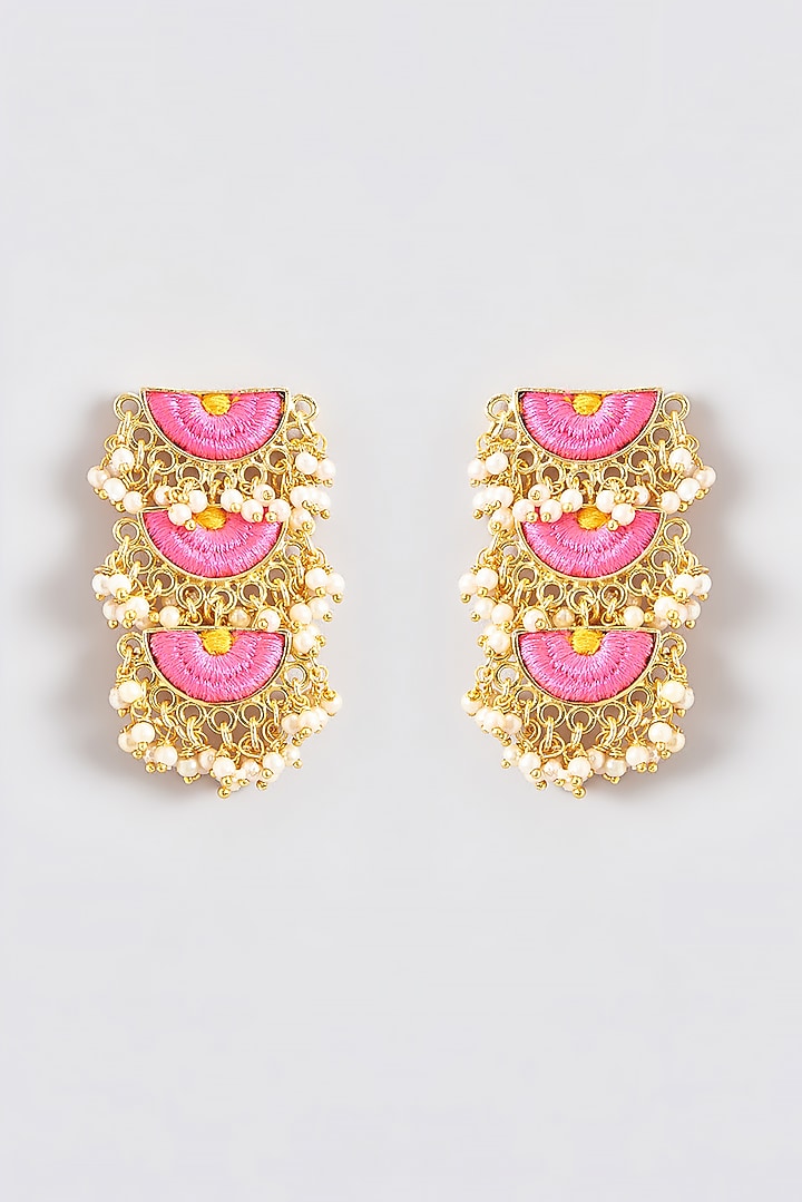 Gold Finish Silk Thread Embroidered Tiered Semi-Circle Dangler Earrings by Bauble Bazaar at Pernia's Pop Up Shop
