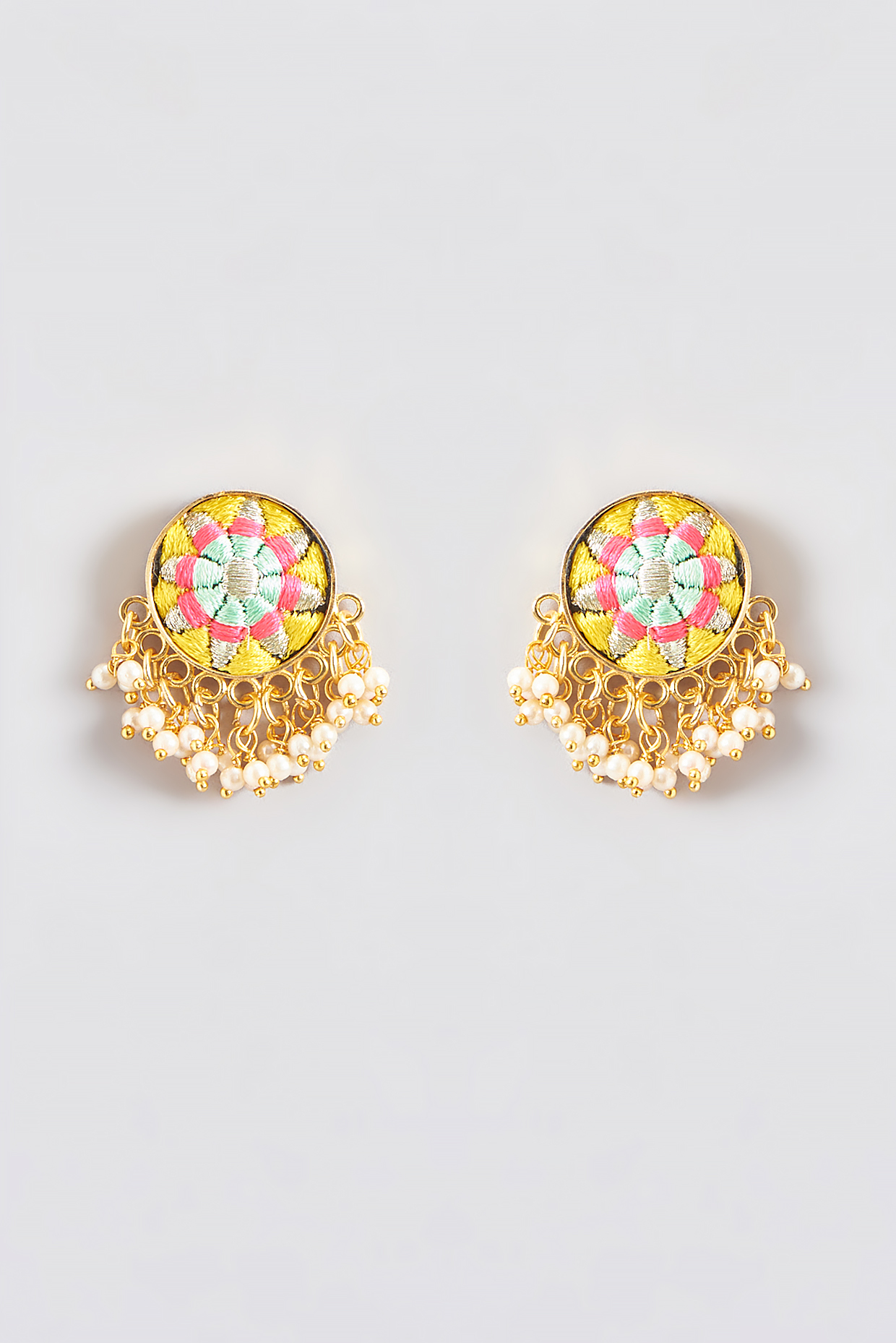 Gold Finish Silk Thread Embroidered Circle Stud Earrings by Bauble Bazaar at Pernia's Pop Up Shop