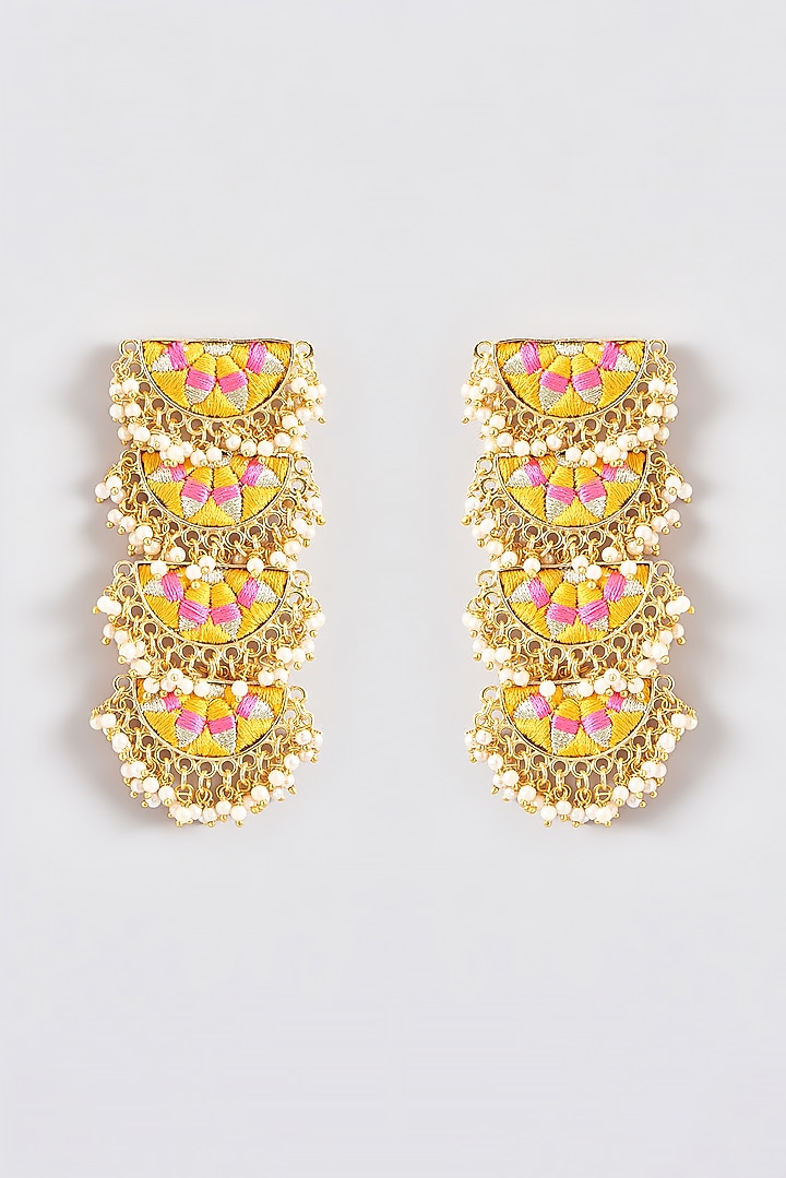 Gold Finish Silk Thread Embroidered Layered Semi-Circle Dangler Earrings by Bauble Bazaar at Pernia's Pop Up Shop